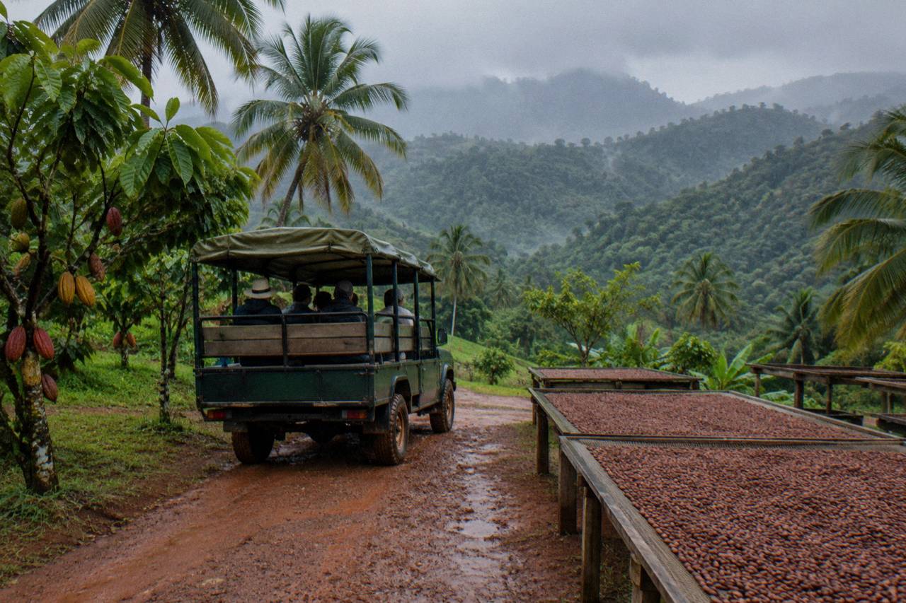 Safari truck parked on a wet red dirt track lined with palms and cacao racks in drizzly hills